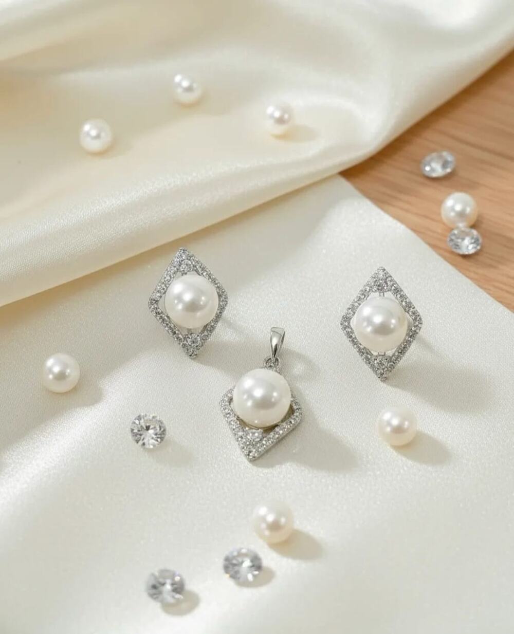 Golden Time Rhodium Plated White Pearl Jewelry Set: Pendant & Stud Earrings